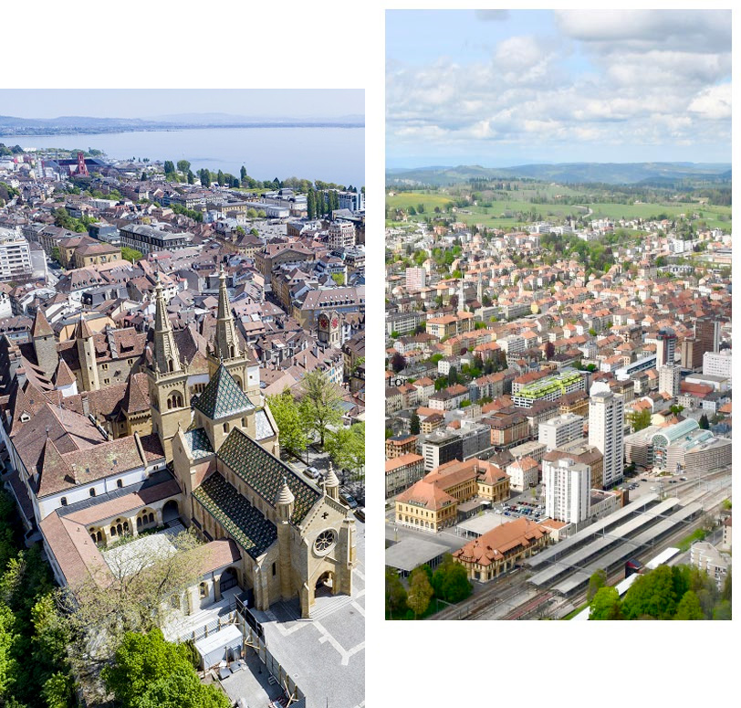 Vues aériennes de la Collégiale à Neuchâtel et de la place de la Gare à la Chaux-de-Fonds.